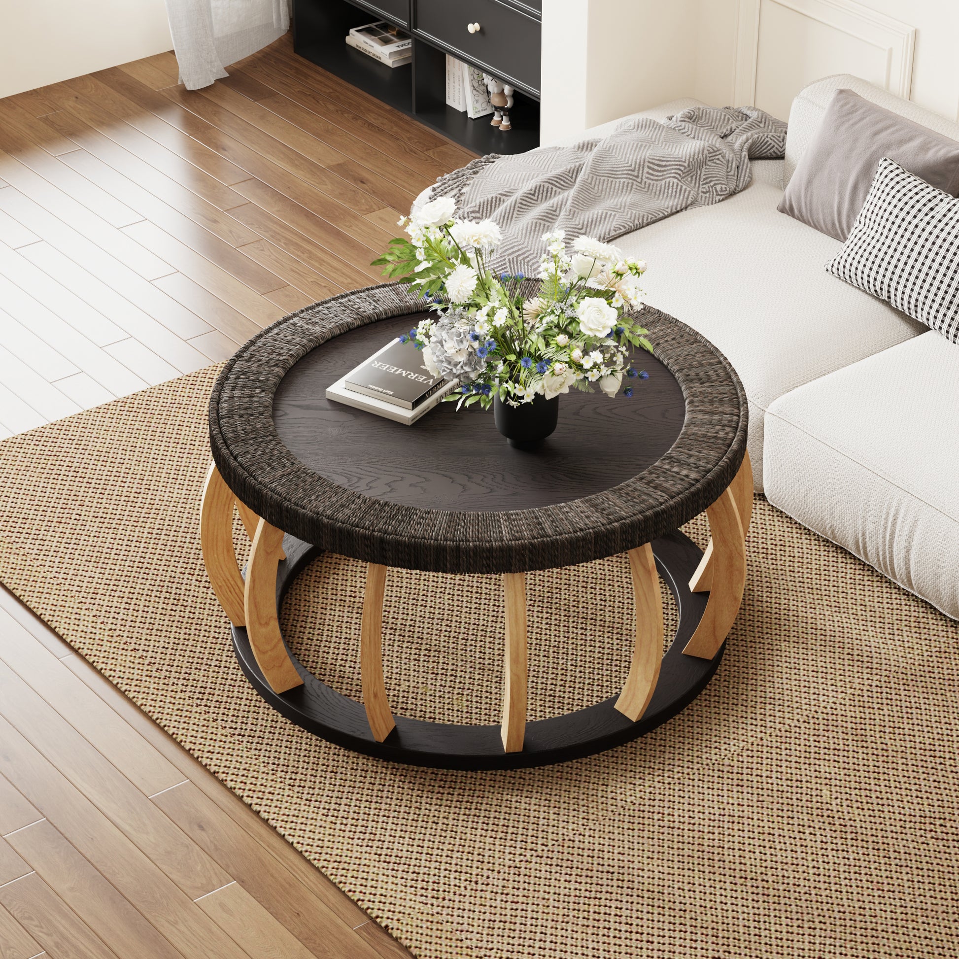 Living Room 35.43" Round Coffee Table - Black Brown Solid Wood Rattan Accent Table