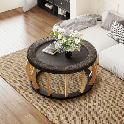 Living Room 35.43" Round Coffee Table - Black Brown Solid Wood Rattan Accent Table