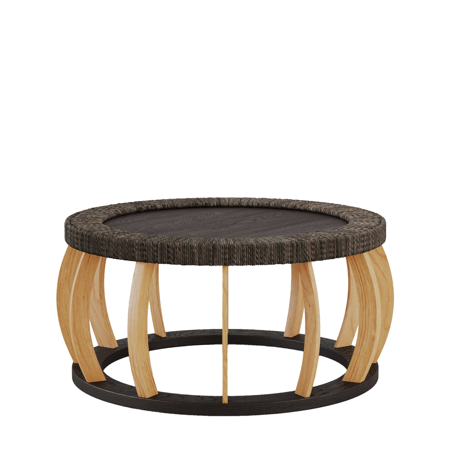 Living Room 35.43" Round Coffee Table - Black Brown Solid Wood Rattan Accent Table