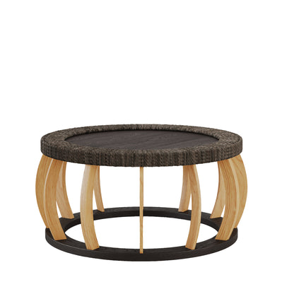 Living Room 35.43" Round Coffee Table - Black Brown Solid Wood Rattan Accent Table