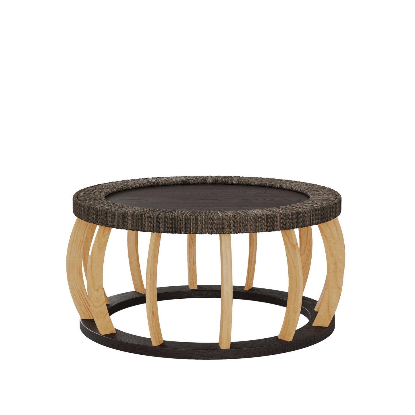 Living Room 35.43" Round Coffee Table - Black Brown Solid Wood Rattan Accent Table