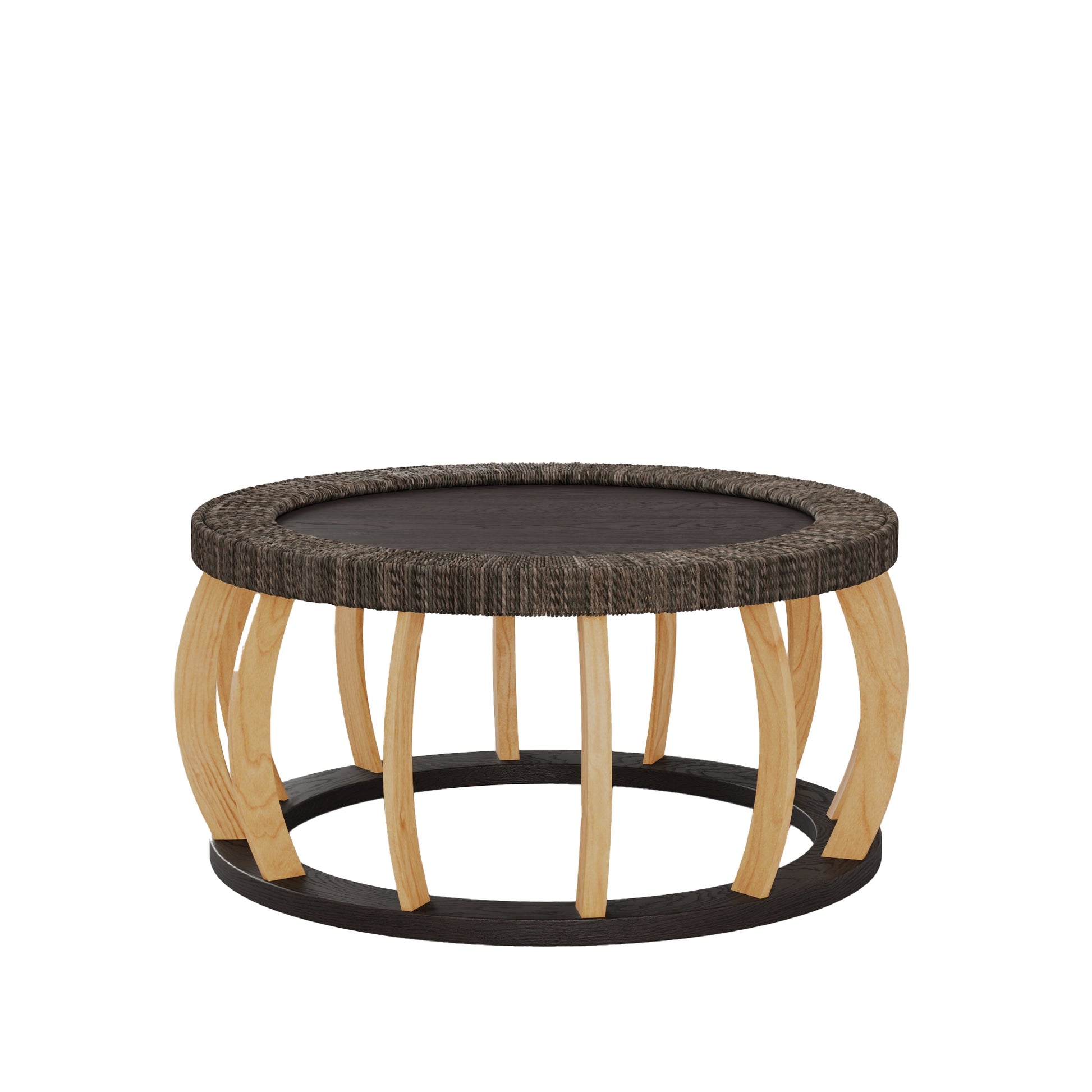 Living Room 35.43" Round Coffee Table - Black Brown Solid Wood Rattan Accent Table