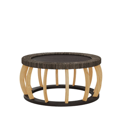 Living Room 35.43" Round Coffee Table - Black Brown Solid Wood Rattan Accent Table