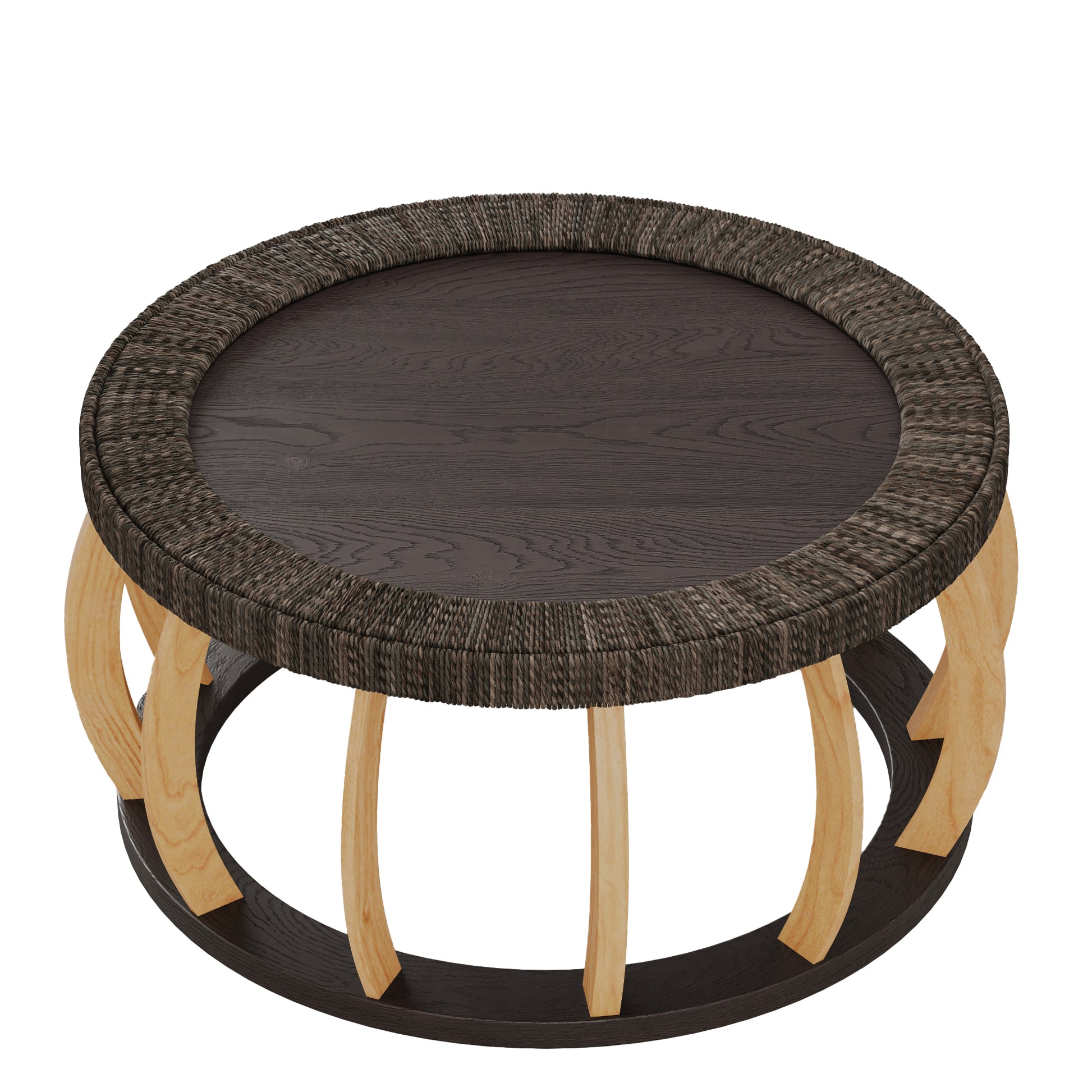 Living Room 35.43" Round Coffee Table - Black Brown Solid Wood Rattan Accent Table