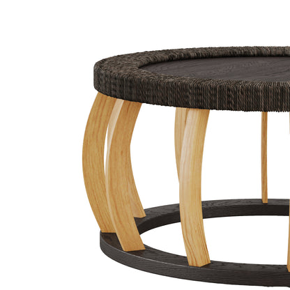 Living Room 35.43" Round Coffee Table - Black Brown Solid Wood Rattan Accent Table