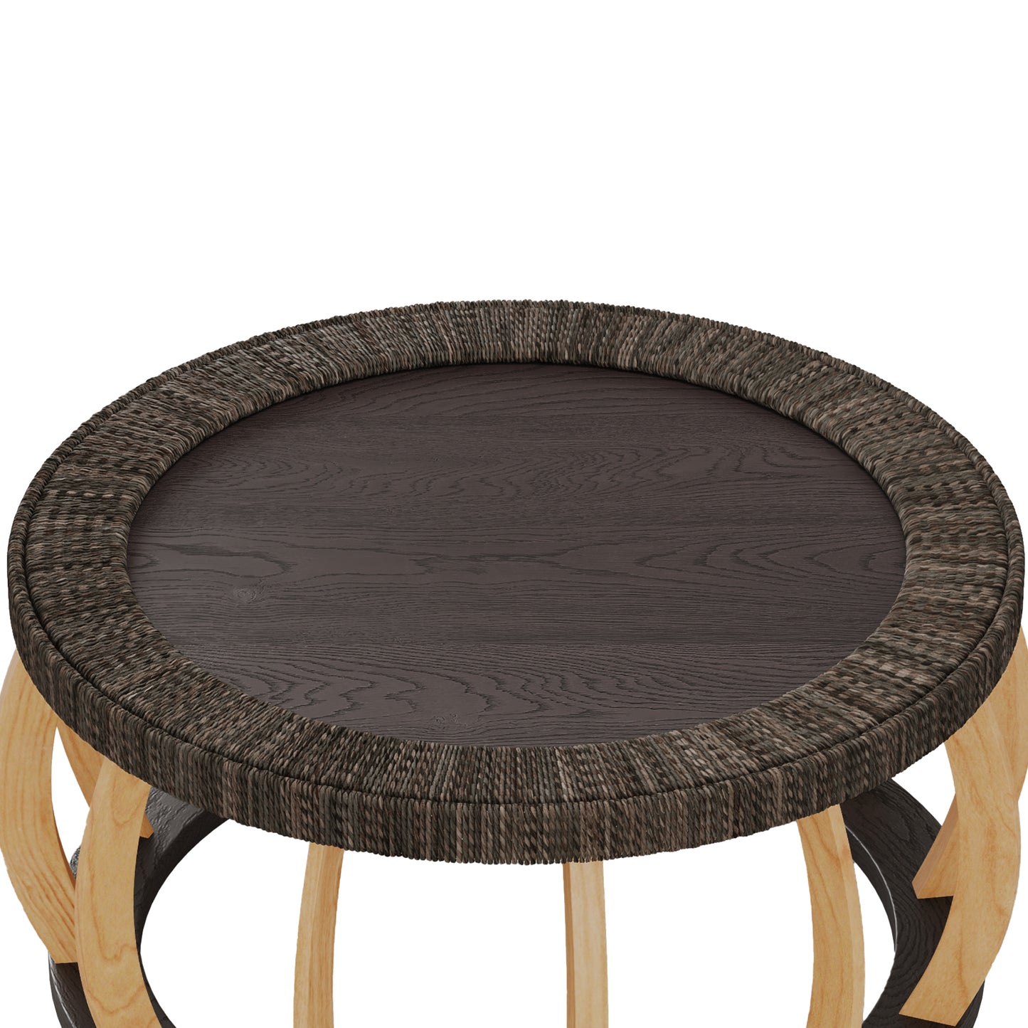 Living Room 35.43" Round Coffee Table - Black Brown Solid Wood Rattan Accent Table