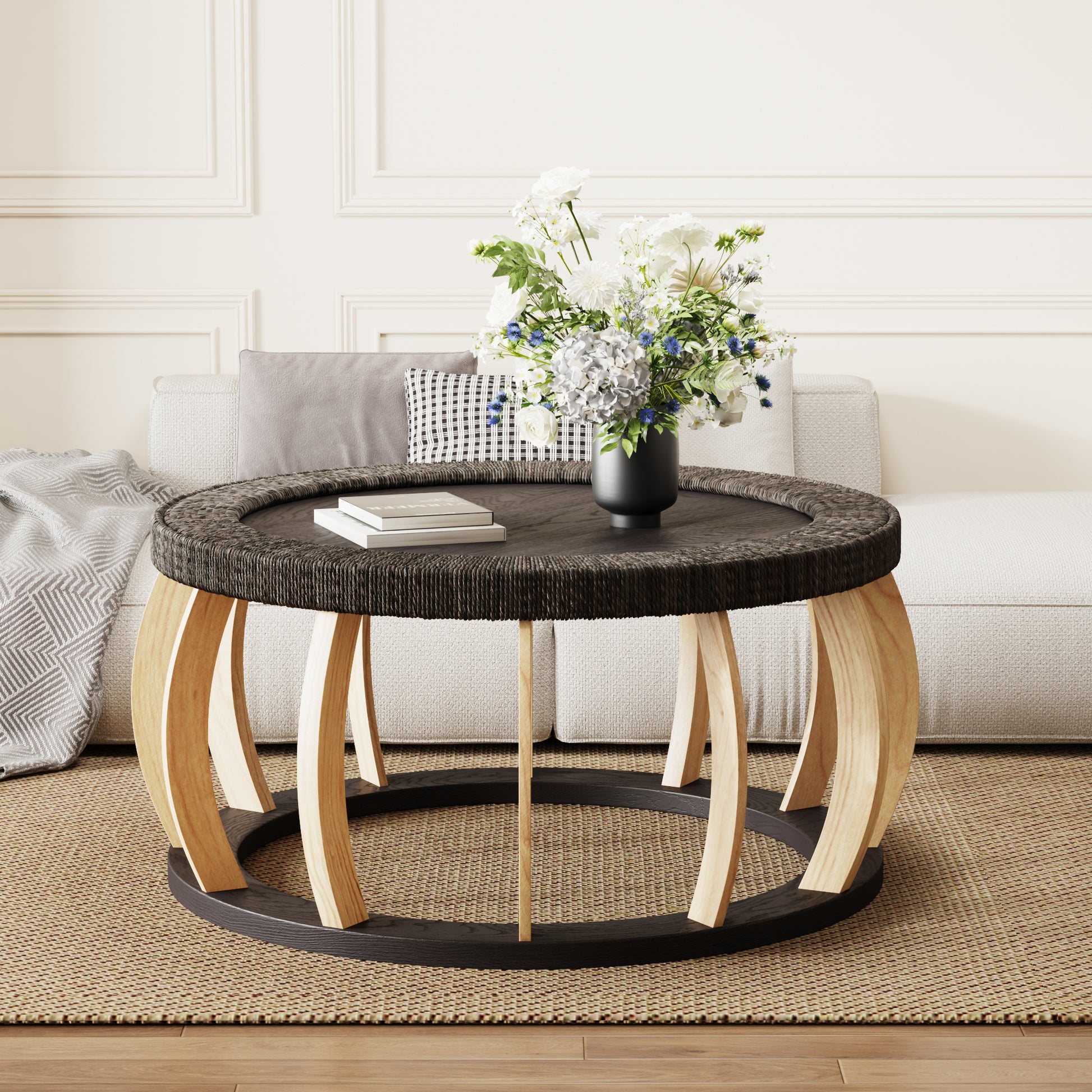 35.43"Vintage Rattan Solid Wood Round Coffee Table, Curved Legs Boho Accent Table for Dining Room, Kitchen And Living Room,Black Brown