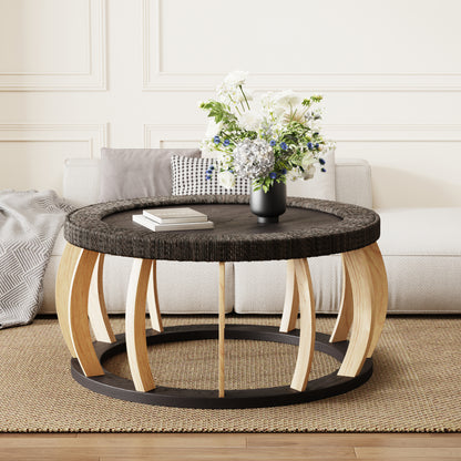 35.43"Vintage Rattan Solid Wood Round Coffee Table, Curved Legs Boho Accent Table for Dining Room, Kitchen And Living Room,Black Brown