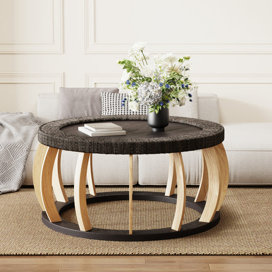 35.43"Vintage Rattan Solid Wood Round Coffee Table, Curved Legs Boho Accent Table for Dining Room, Kitchen And Living Room,Black Brown