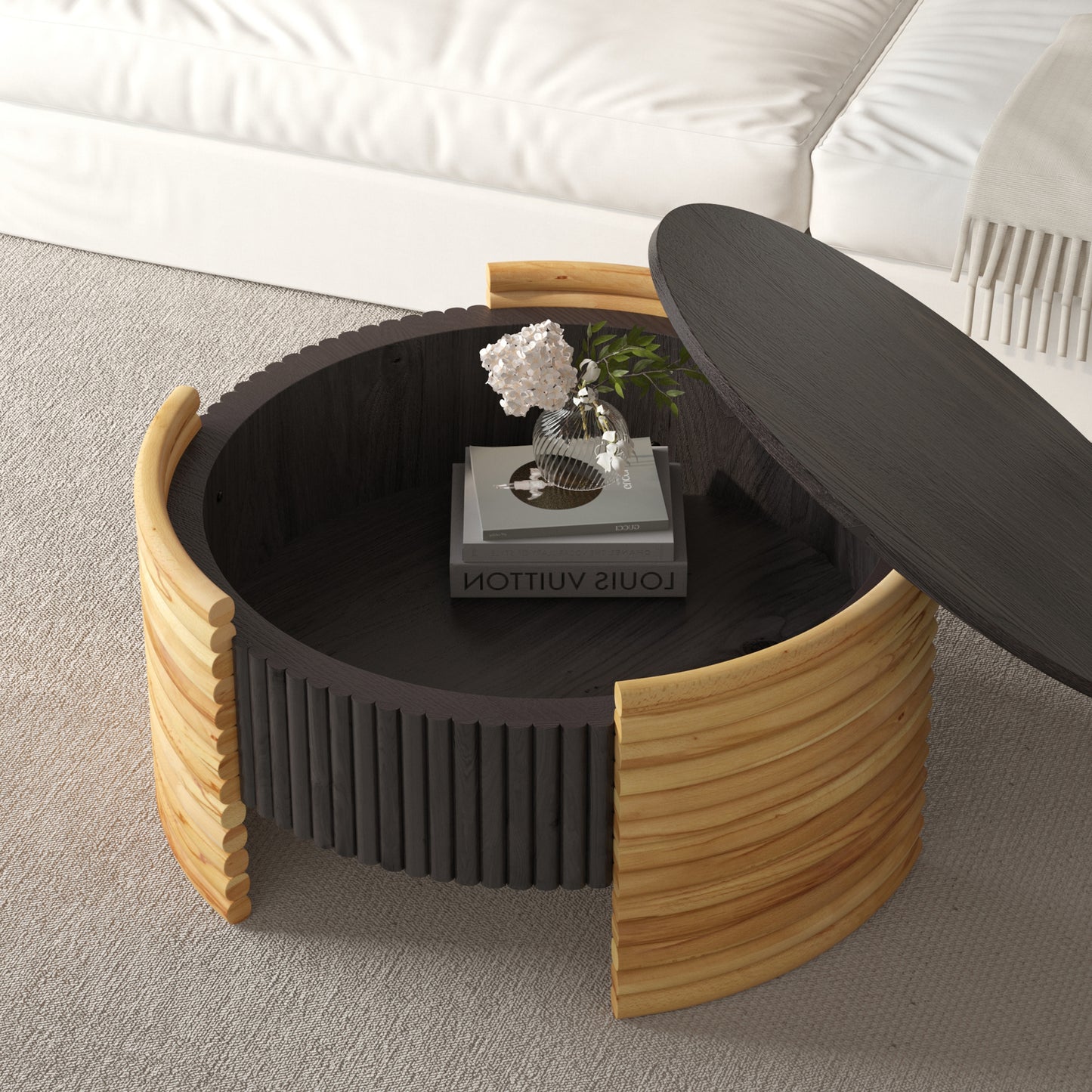 31.5" Dark Brown Round MDF Coffee Table with Storage for Living Room
