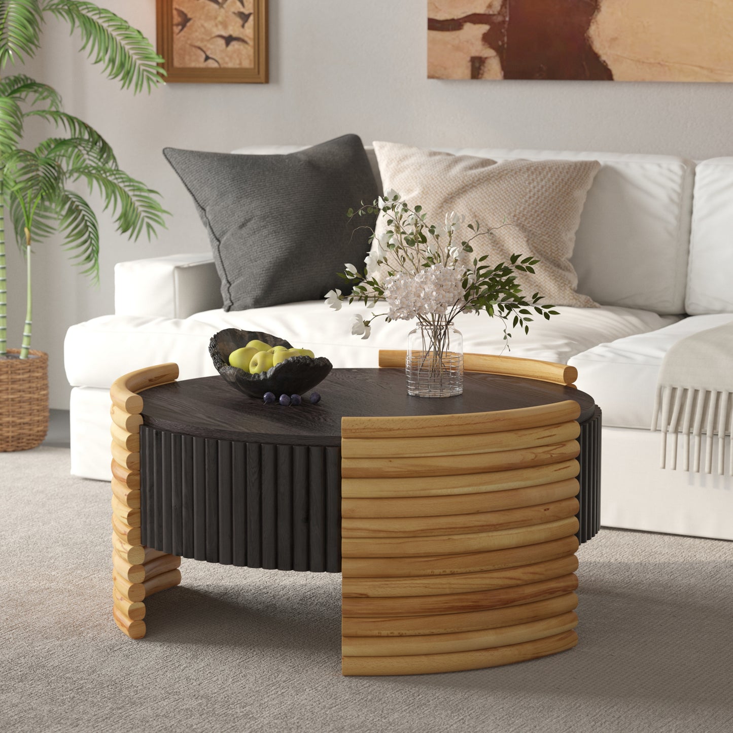 31.5" Dark Brown Round MDF Coffee Table with Storage for Living Room