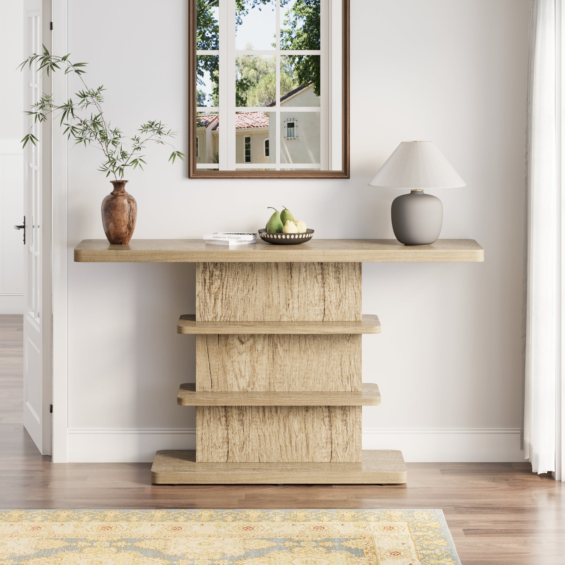 63" Natural MDF Console Table with Storage Shelves