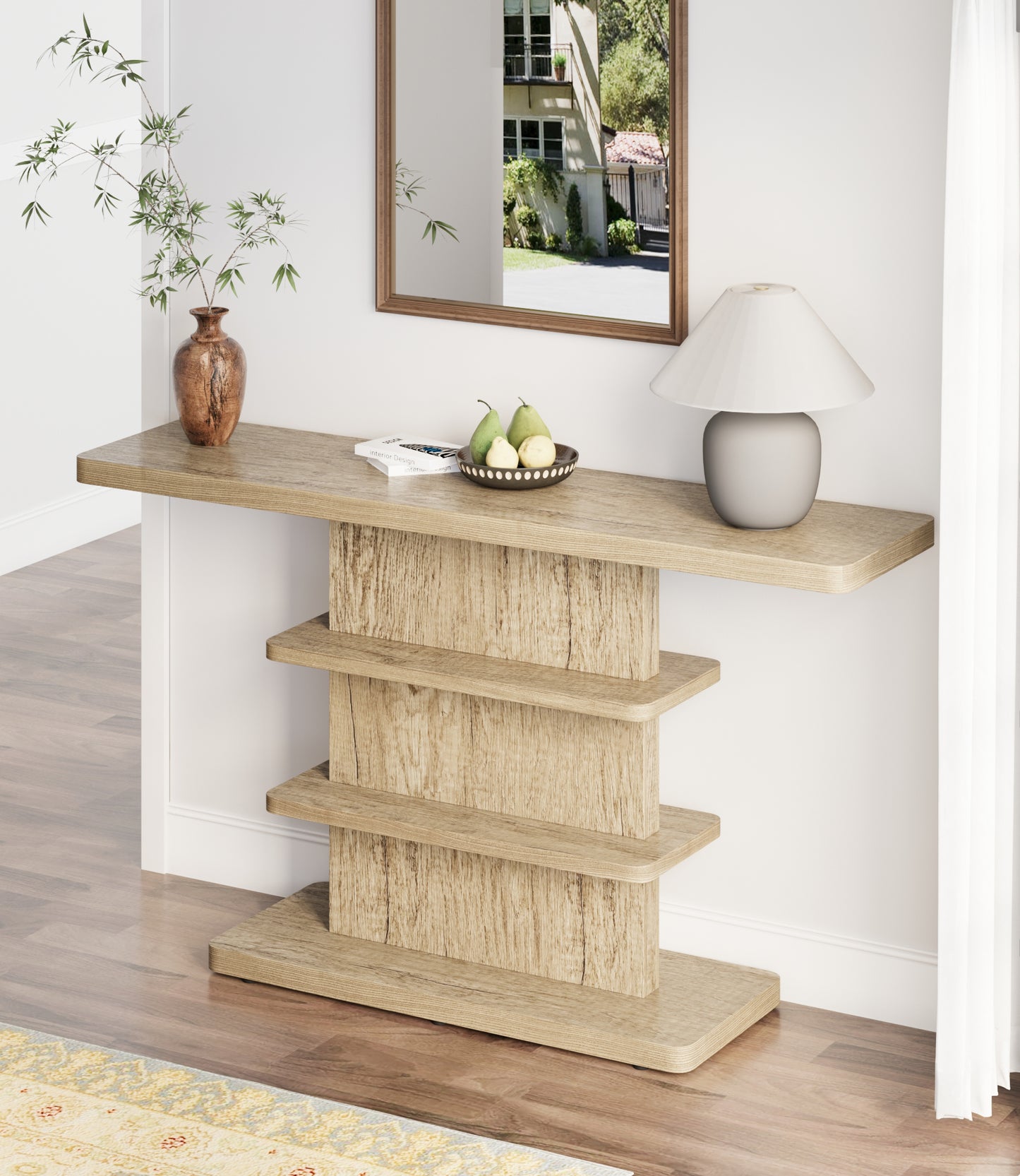63" Natural MDF Console Table with Storage Shelves