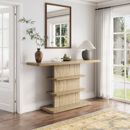 63" Natural MDF Console Table with Storage Shelves