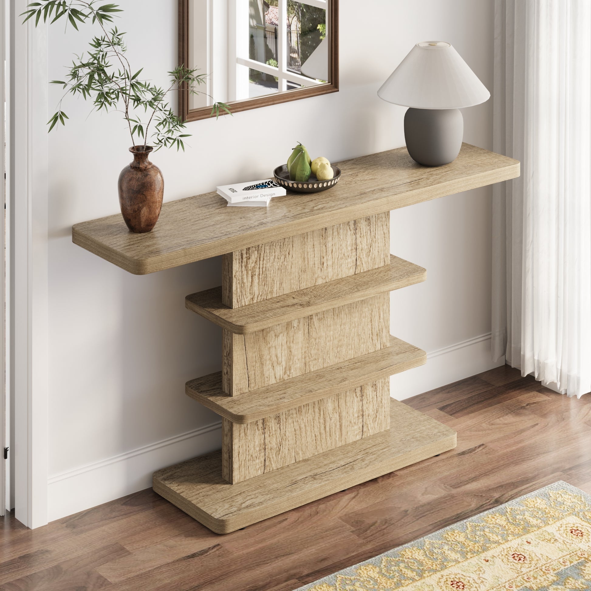 63"Vintage Narrow Console Table with 2 Tier Open Storage Shelves,Stylish Design High Weight Capacity,Suitable for Living Room,Hallway, Corridor and Bedroom,Natural