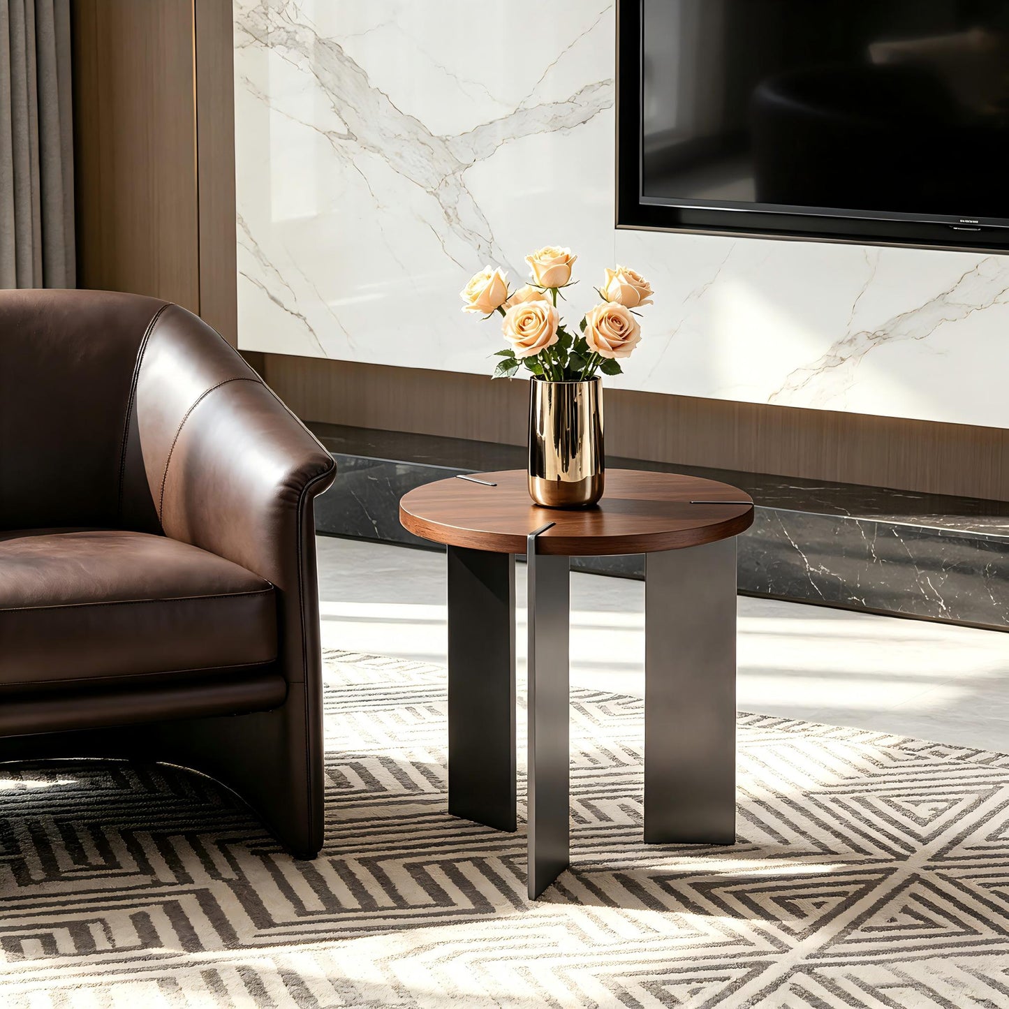 Round Coffee Table Walnut Wood Surface and Black Metel Feet