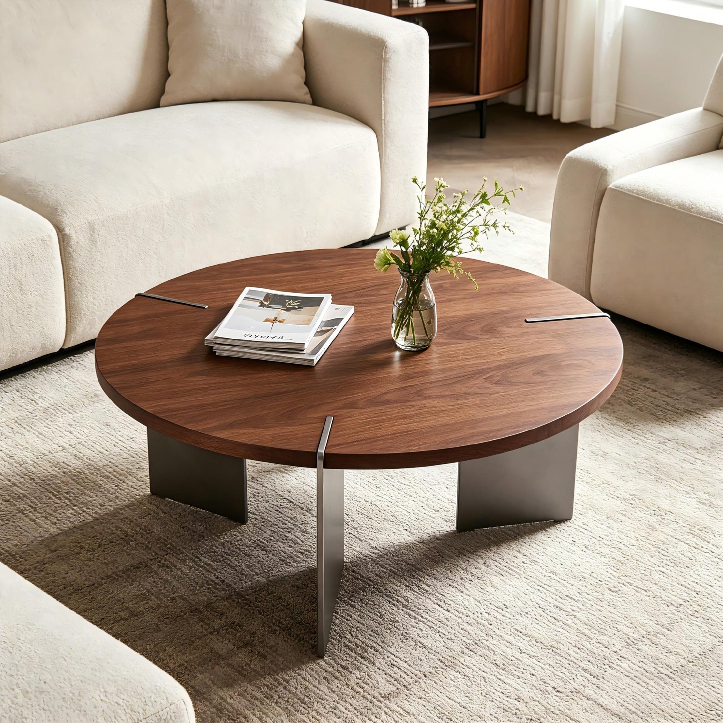 Dark Brown Round Walnut Coffee Table - 36 Inch for Living Room