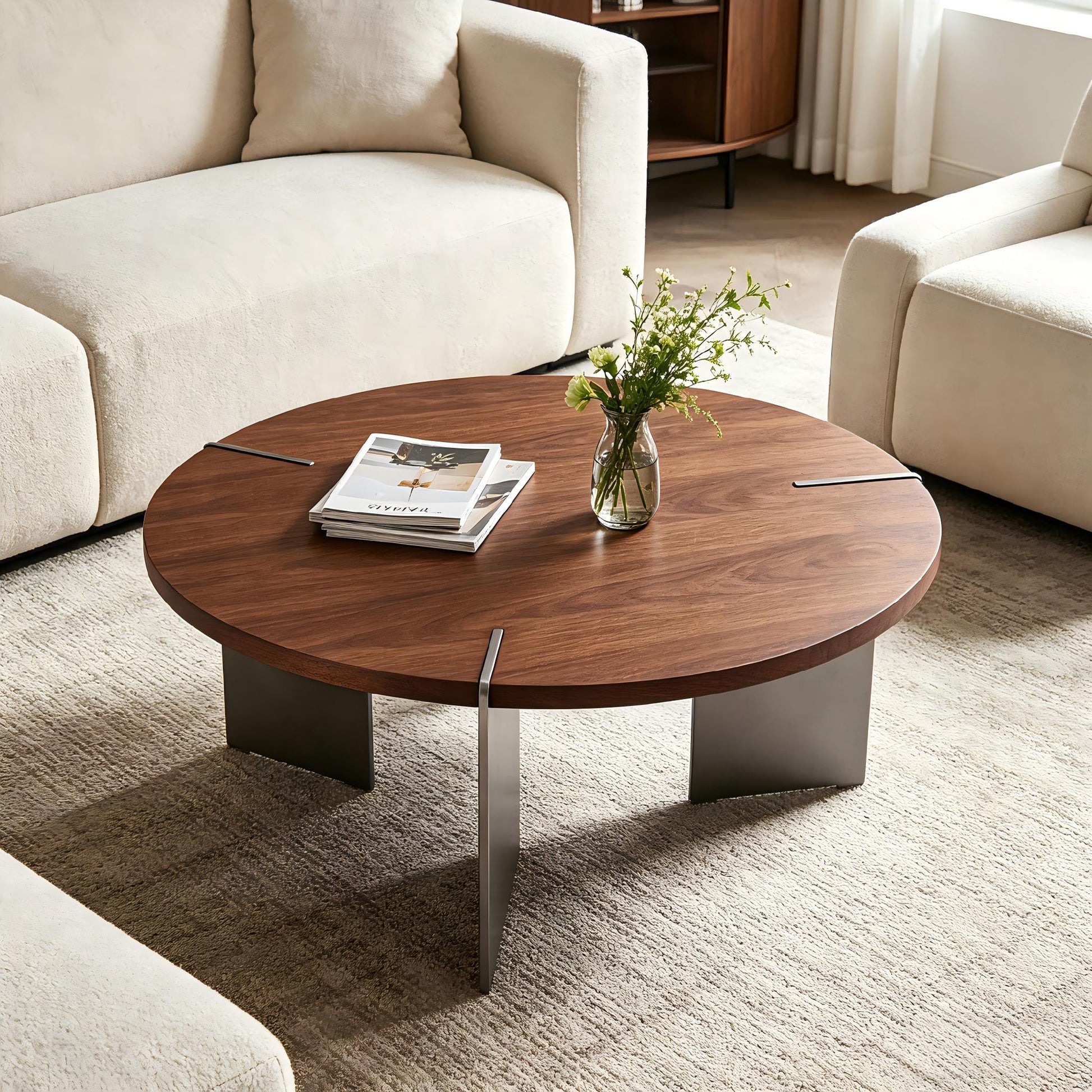 Dark Brown Round Walnut Coffee Table - 36 Inch for Living Room