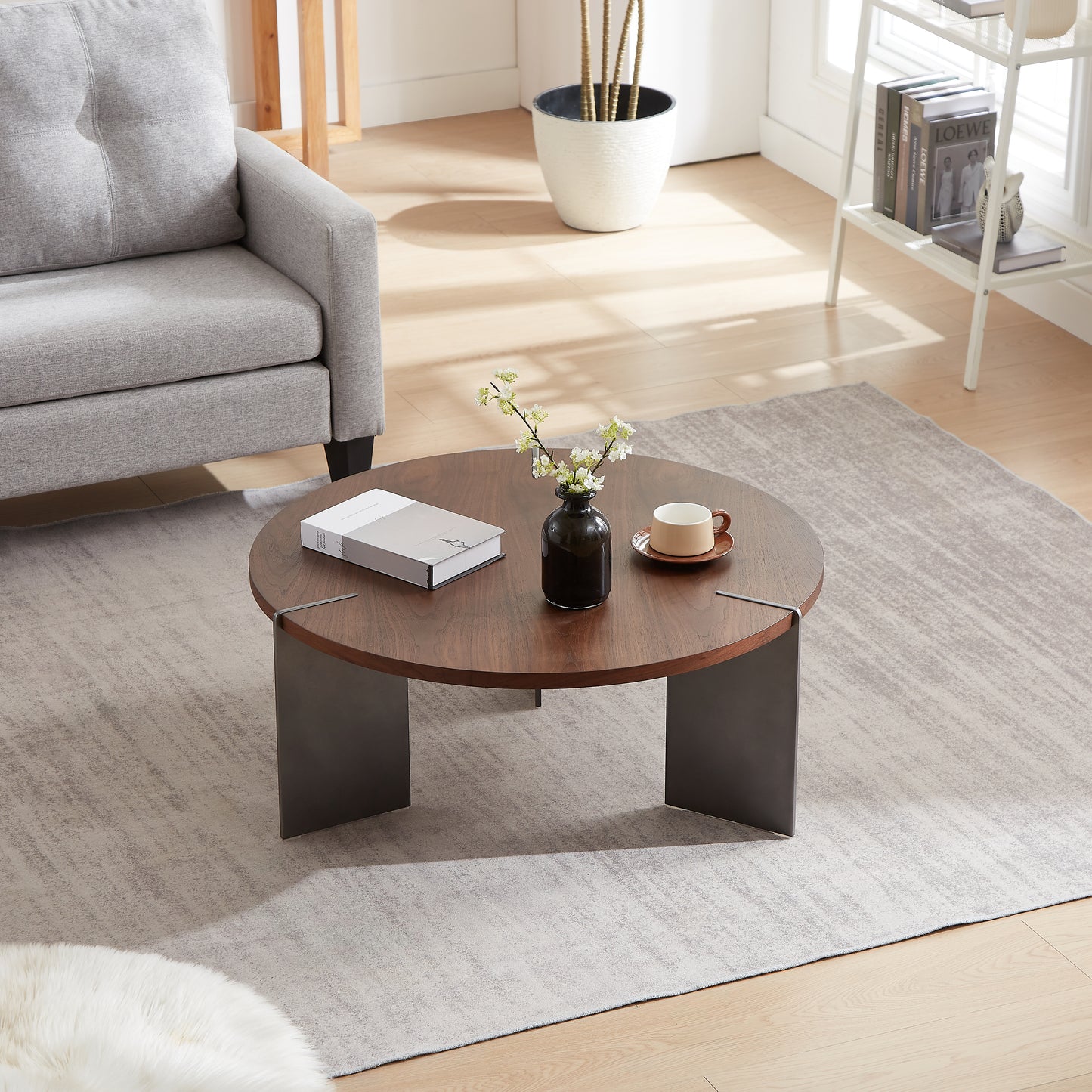 Dark Brown Round Walnut Coffee Table - 36 Inch for Living Room