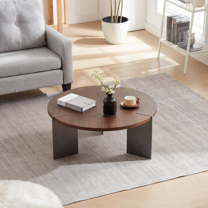 Dark Brown Round Walnut Coffee Table - 36 Inch for Living Room