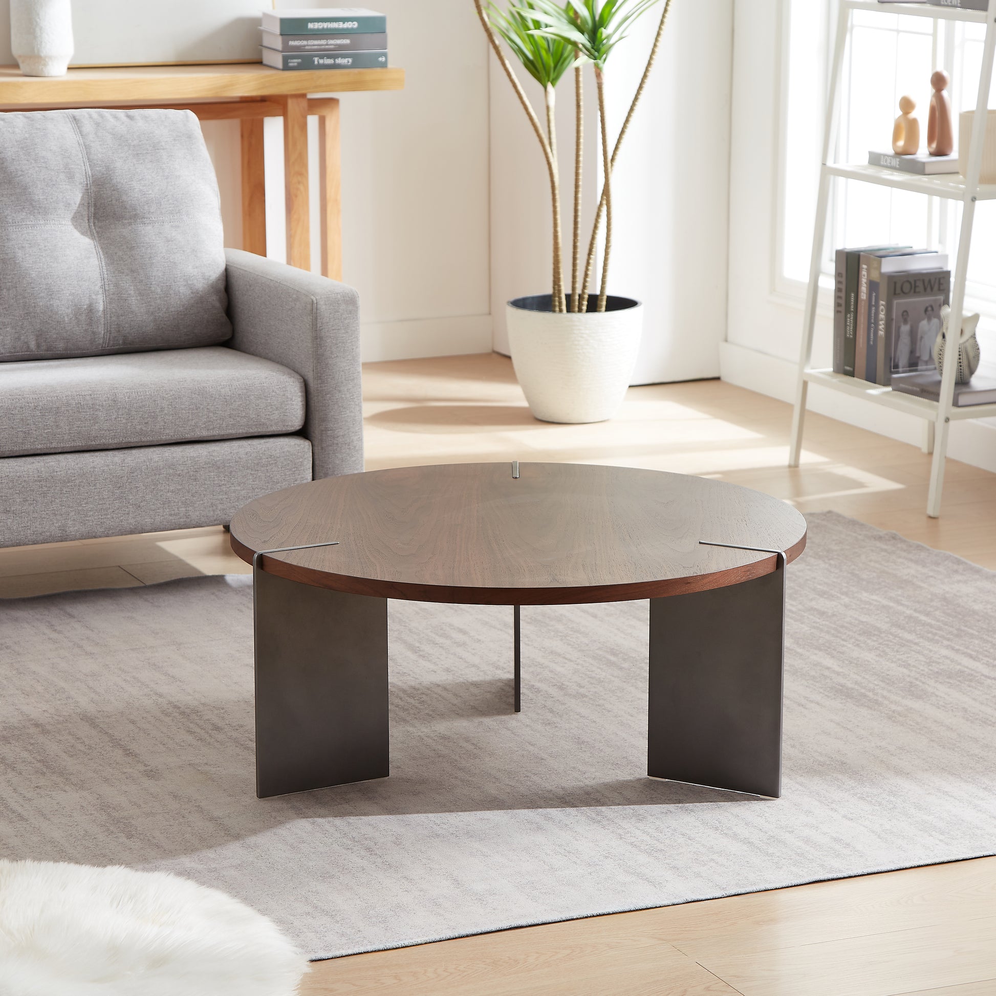 Dark Brown Round Walnut Coffee Table - 36 Inch for Living Room