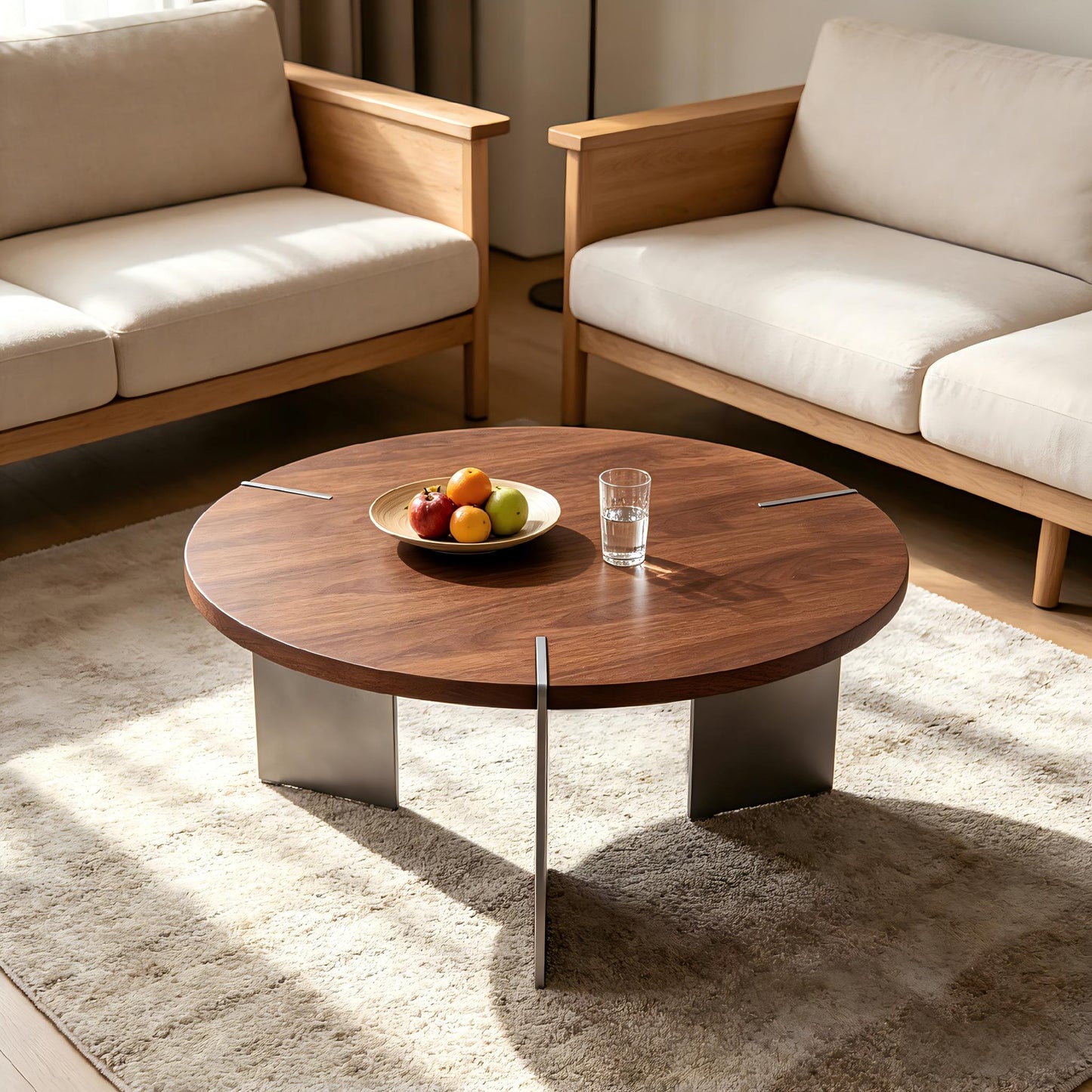 Round Coffee Table Walnut Wood Surface and Black Metel Feet