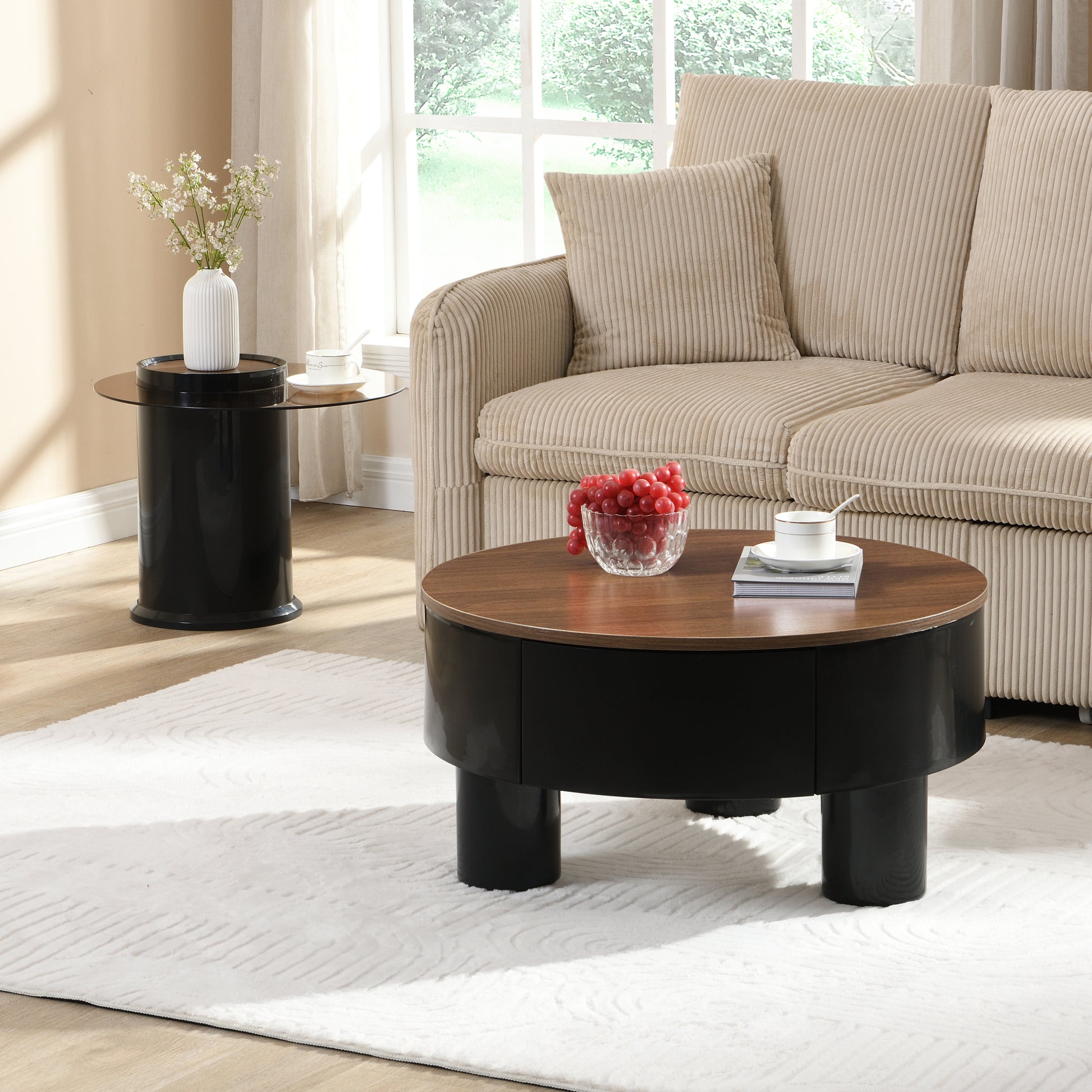 Nesting Coffee Table Set - 2 Round Tables with Storage for Living Room