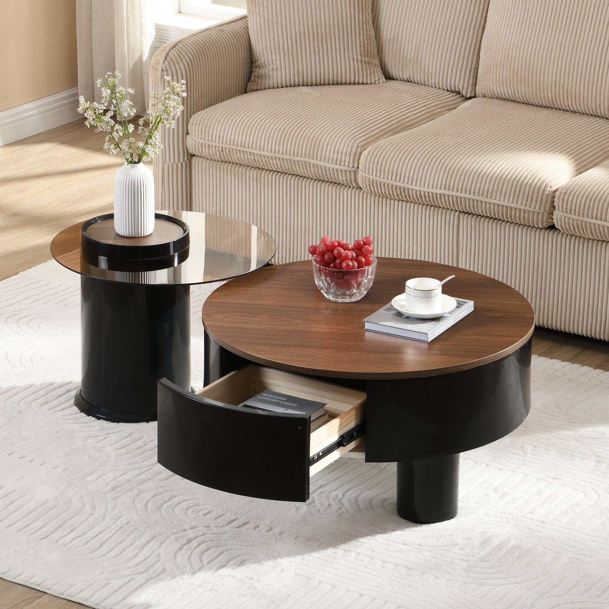 Nesting Coffee Table Set - 2 Round Tables with Storage for Living Room