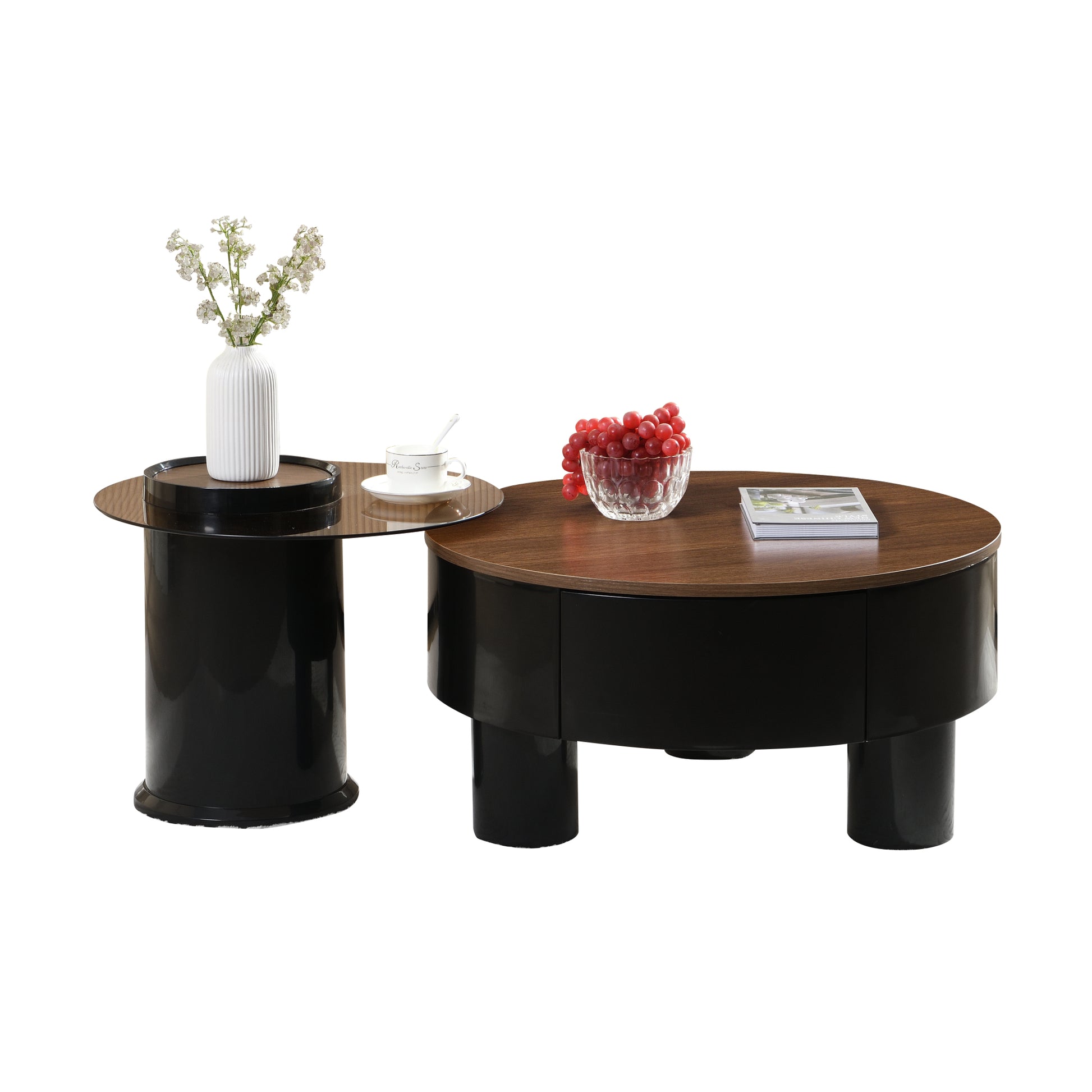 Nesting Coffee Table Set - 2 Round Tables with Storage for Living Room