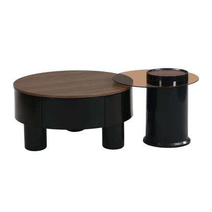 Nesting Coffee Table Set - 2 Round Tables with Storage for Living Room