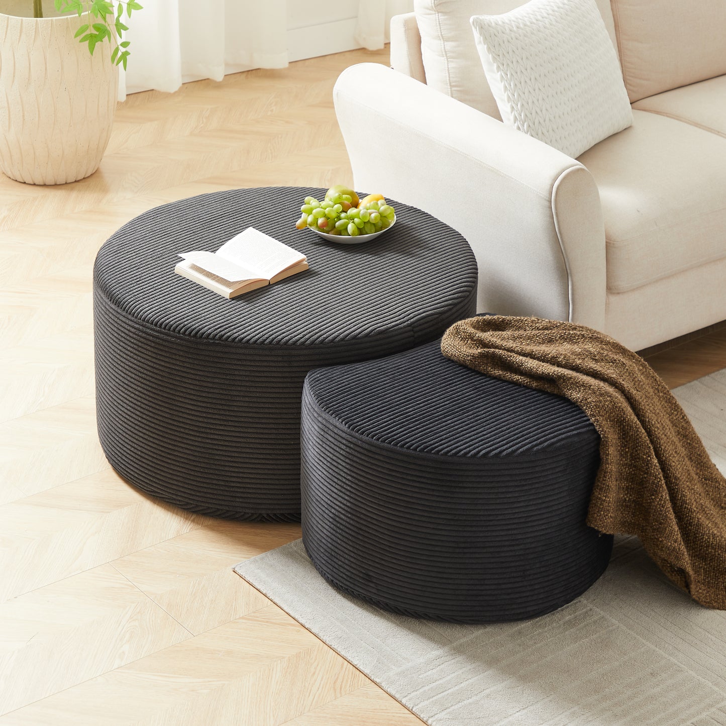 Nesting Coffee Table Set of 2,Upholstered Round Coffee Tables Set of 2 for Living Room, Modern Foam Round Coffee Table Side Table End Table Ottoman, No Assembly