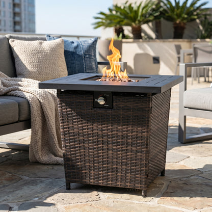 28" Propane Gas Fire Pit Table, 50000 BTU Square Steel Fire Pit with Beautiful Wicker Base for Outside Patio Deck Garden Backyard-Black