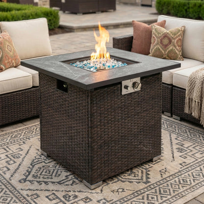 30" Propane Gas Fire Pit Table, 50000 BTU Square Fire Pit, Tile Tabletop with Beautiful Wicker Base for Outside Patio Deck Garden Courtyard-Brown