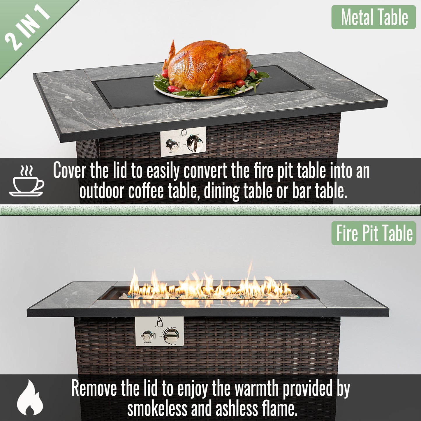 Espresso Wicker Fire Pit Table - 44" Outdoor Heating