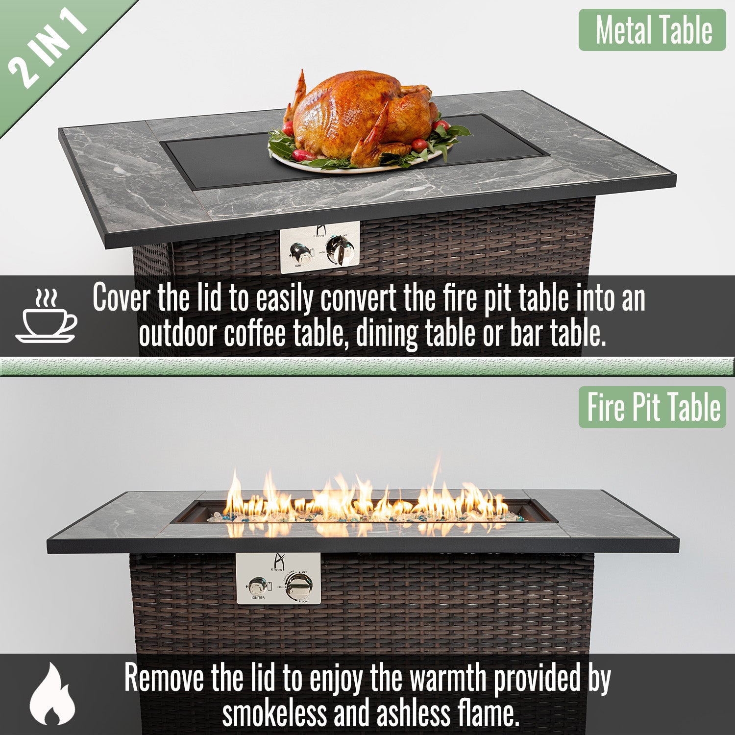 Espresso Wicker Fire Pit Table - 44" Outdoor Heating