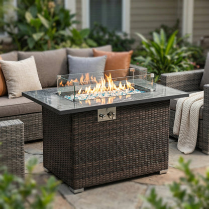 44" Propane Gas Fire Pit Table, 50000 BTU Rectangular Fire Pit, Tile Tabletop with Beautiful Wicker Base for Outside Patio Deck Garden Courtyard-Brown