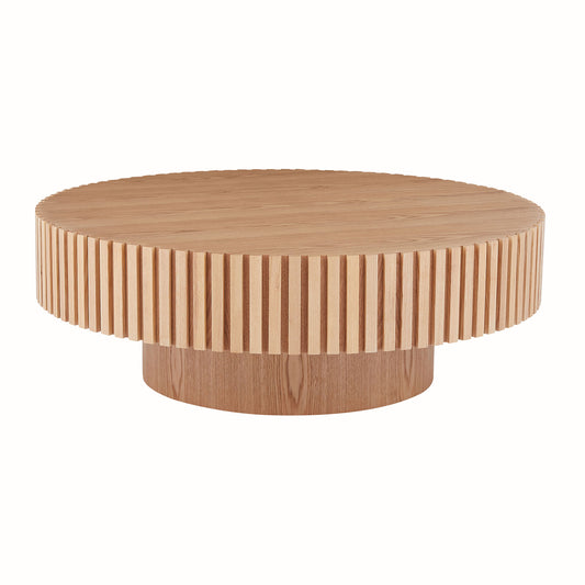 31.49'' Round Wood Coffee Table for Living Room, Modern Handcraft Drum Coffee Table, Circle Wooden Coffee Table for Small Space Apartment ASH.(Same Sku:W876P243948)