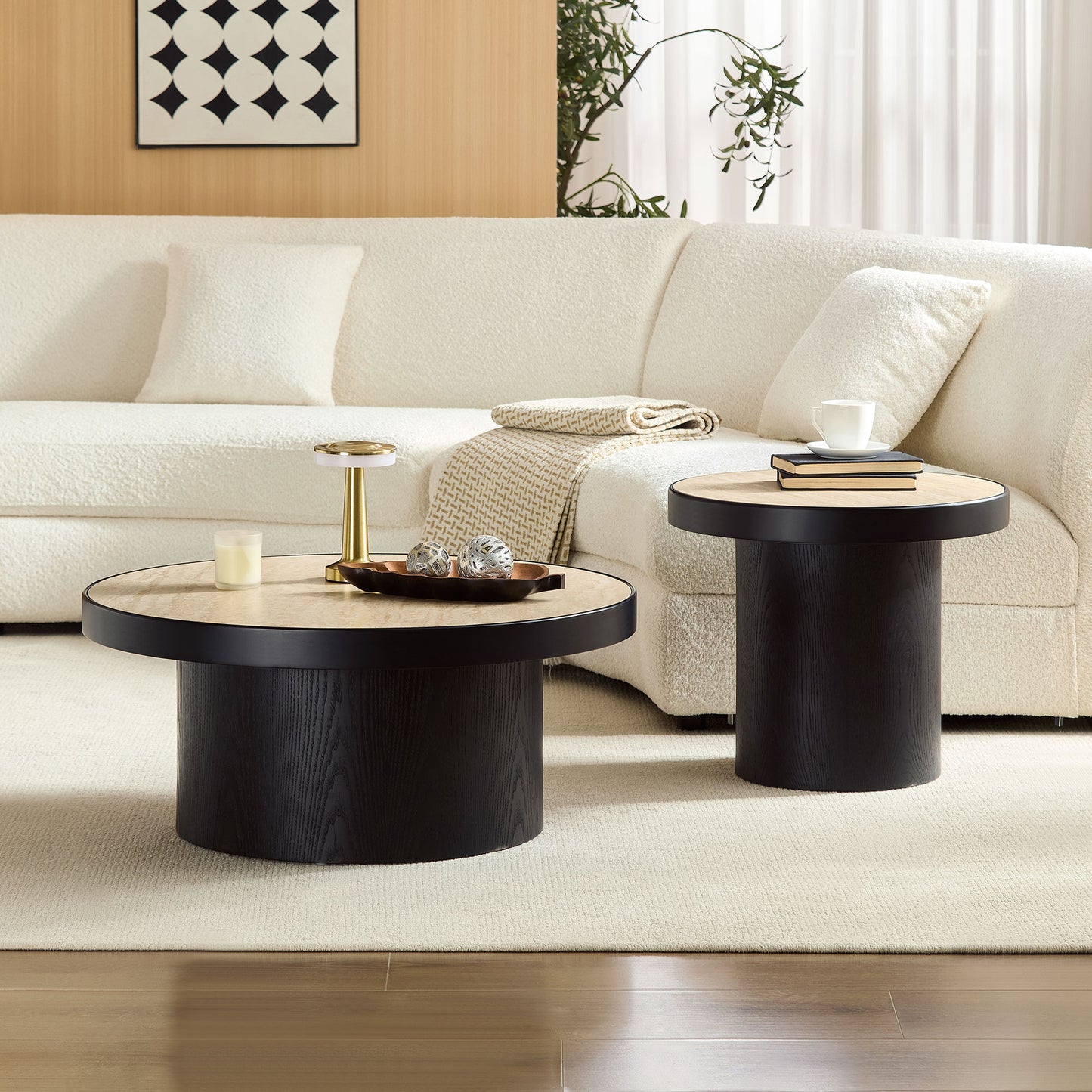 Set of 2 Round Coffee Tables - Black MDF & Stone for Living Room
