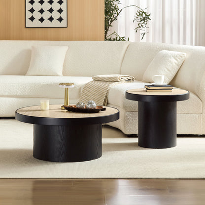 Set of 2 Round Coffee Tables - Black MDF & Stone for Living Room