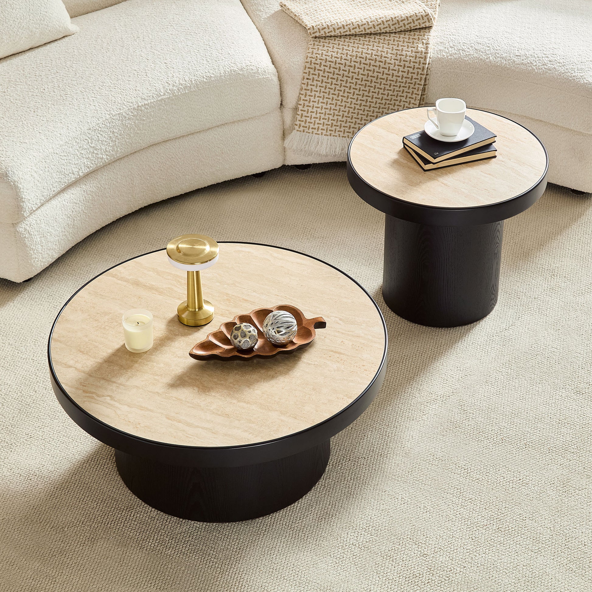 Set of 2 Round Coffee Tables - Black MDF & Stone for Living Room