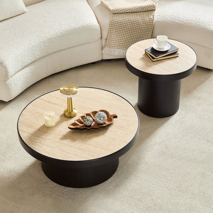 Set of 2 Round Coffee Tables - Black MDF & Stone for Living Room