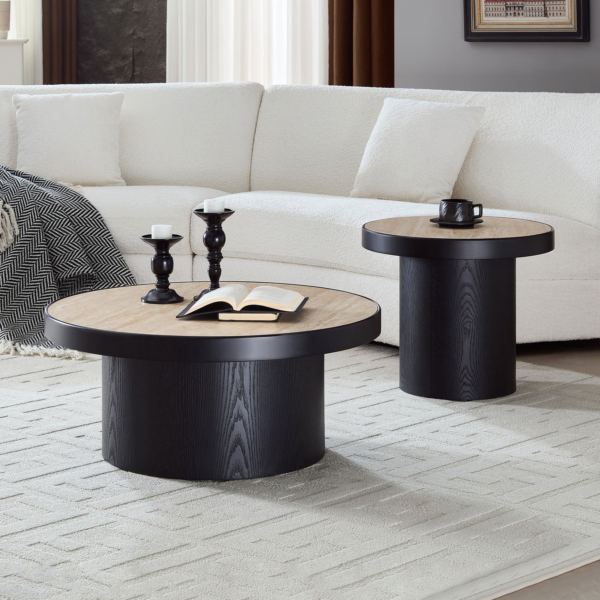 Set of 2 Round Coffee Tables - Black MDF & Stone for Living Room