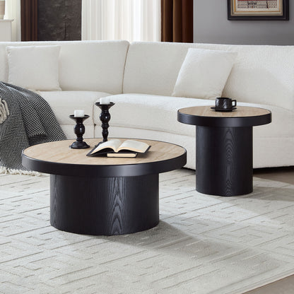 Set of 2 Round Coffee Tables - Black MDF & Stone for Living Room