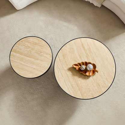 Set of 2 Round Coffee Tables - Black MDF & Stone for Living Room