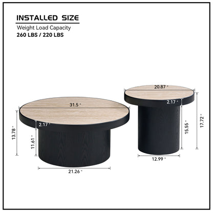 Set of 2 Round Coffee Tables - Black MDF & Stone for Living Room