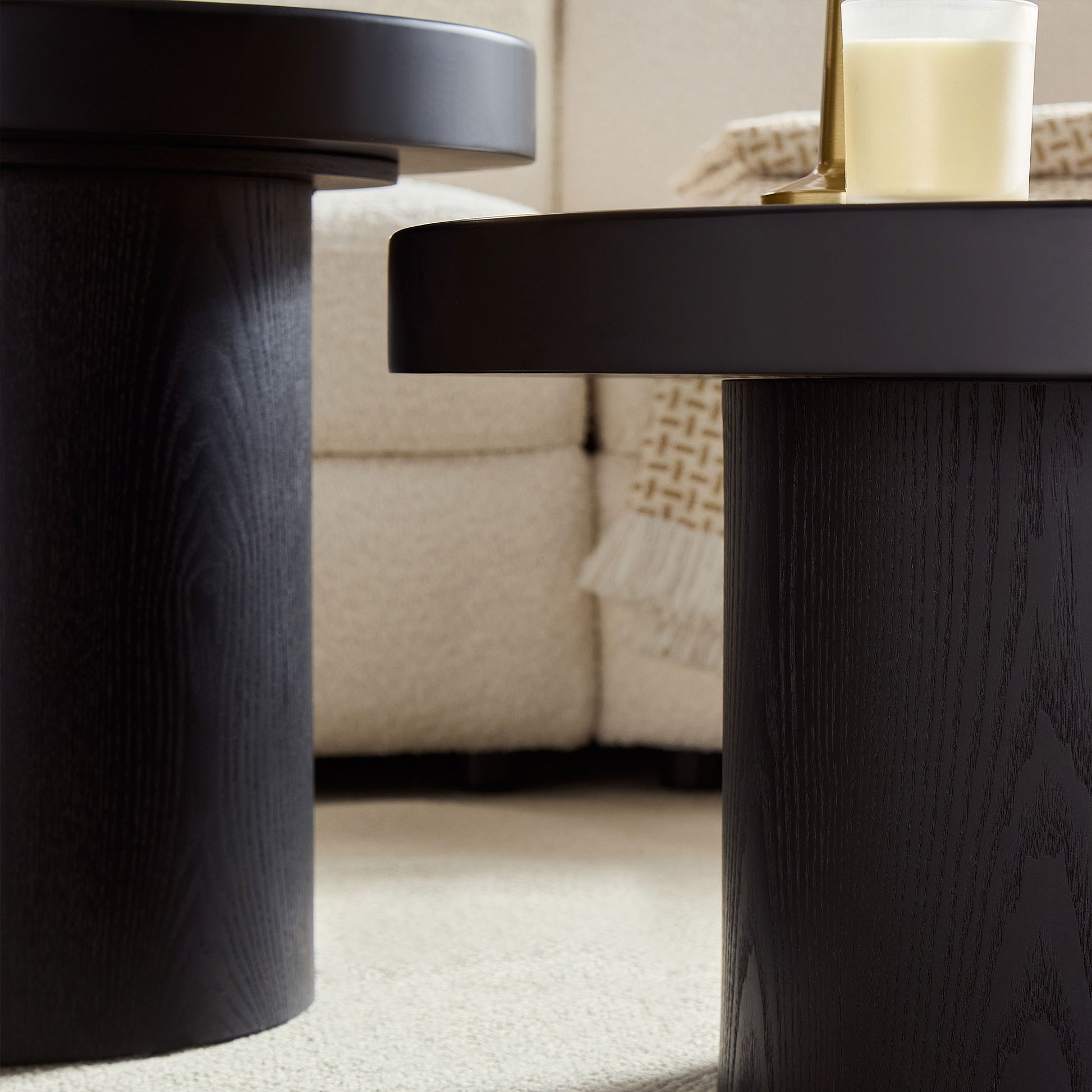 Set of 2 Round Coffee Tables - Black MDF & Stone for Living Room