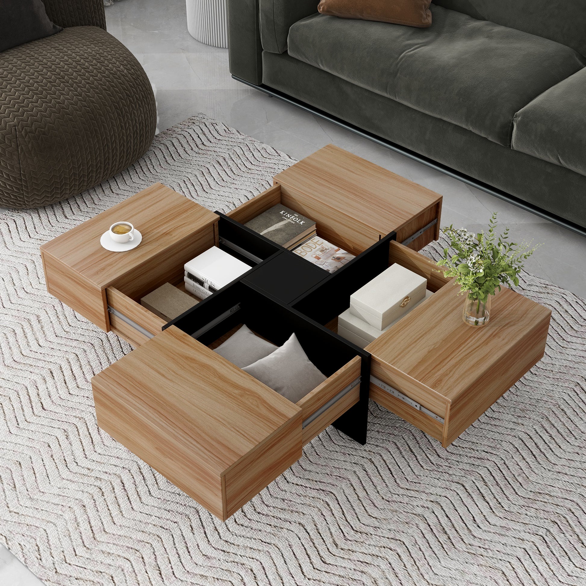 [New Picture] Unique Design Coffee Table with 4 Hidden Storage Compartments, Square Cocktail Table with Extendable Sliding Tabletop, UV High-gloss Design Center Table for Living Room, 31.5"x 31.5"