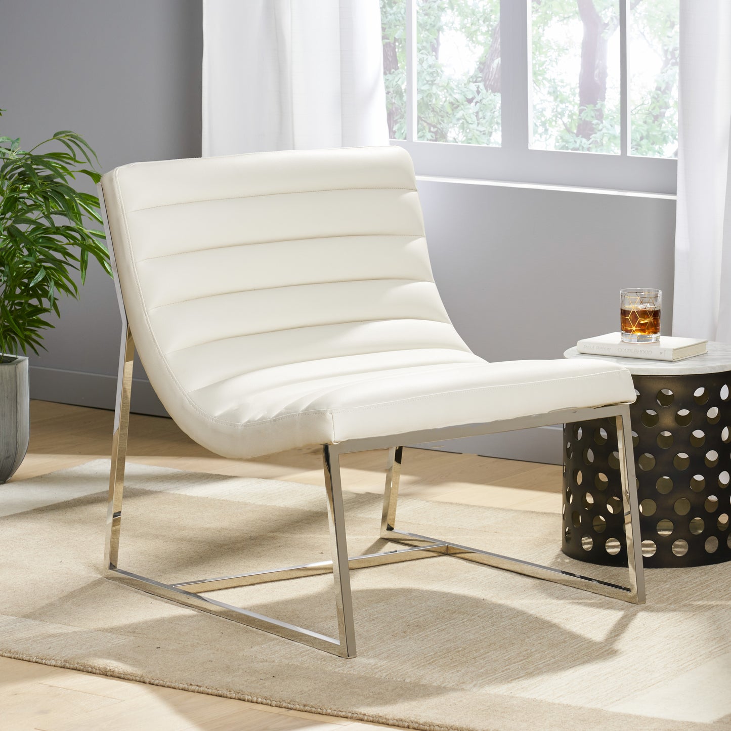 White Metal & Wood Roll Chair - Accent Seating for Living Room