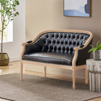 Black PU Button Tufted Loveseat with Turned Legs for Living Room
