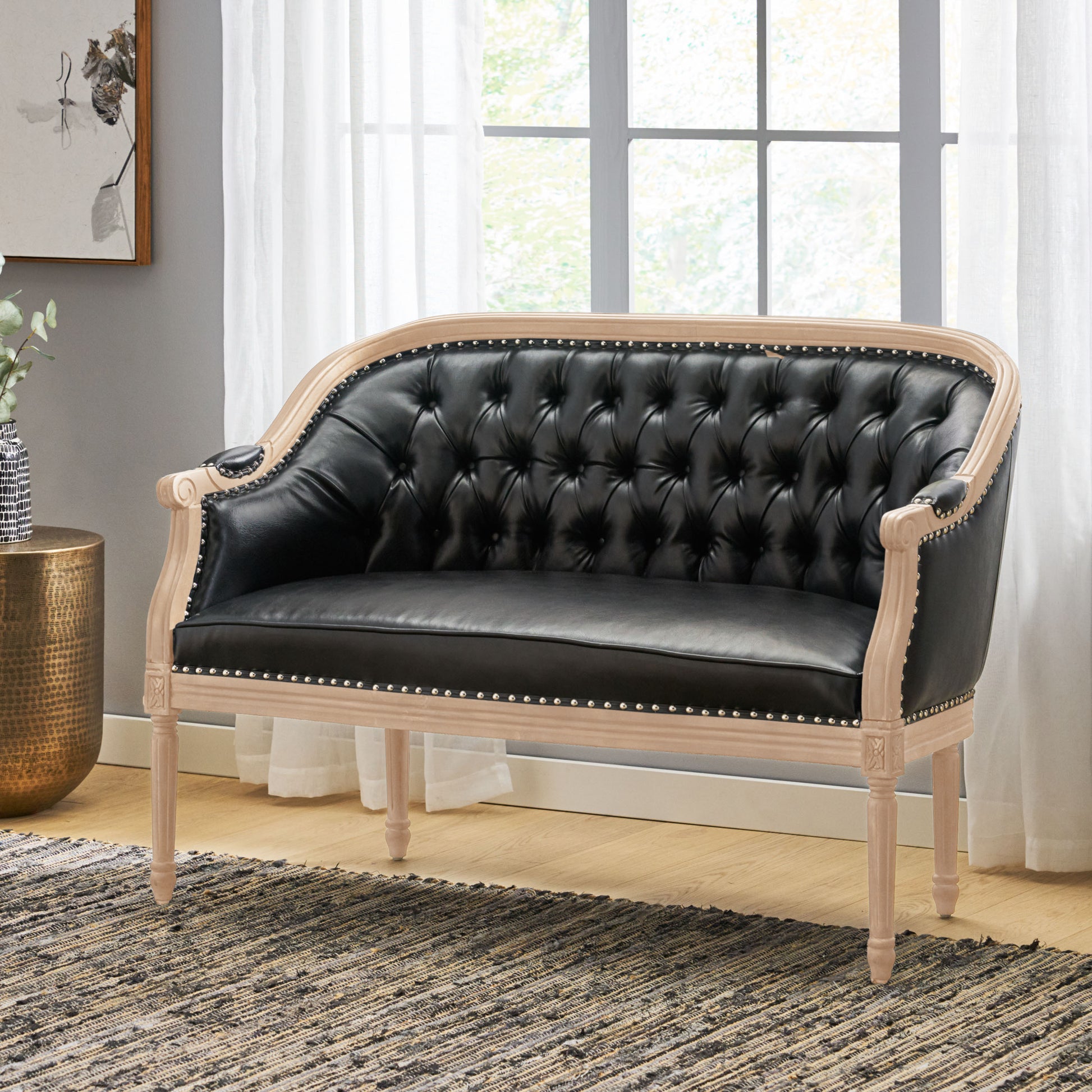 Black PU Button Tufted Loveseat with Turned Legs for Living Room
